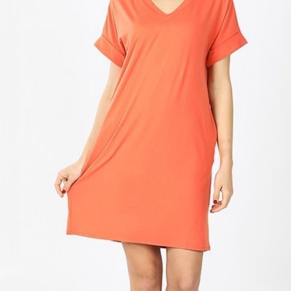 V-neck Rolled Sleeve Ash Copper Dress. Size Medium